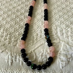 Rose quartz, black and cloisonné beaded necklace
